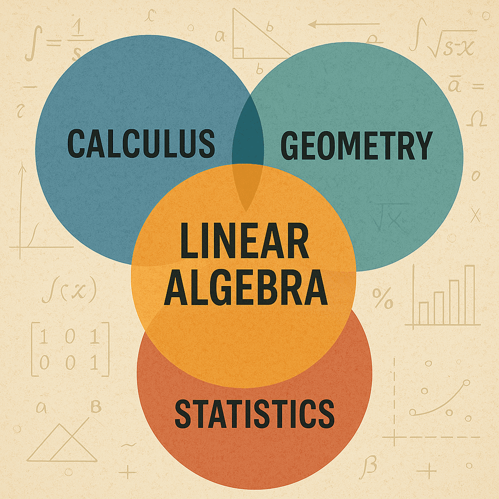linear algebra intersects with algebra, geometry, statistics and calculus, serving as a bridge between them and offering tools to understand and solve complex problems in those areas.